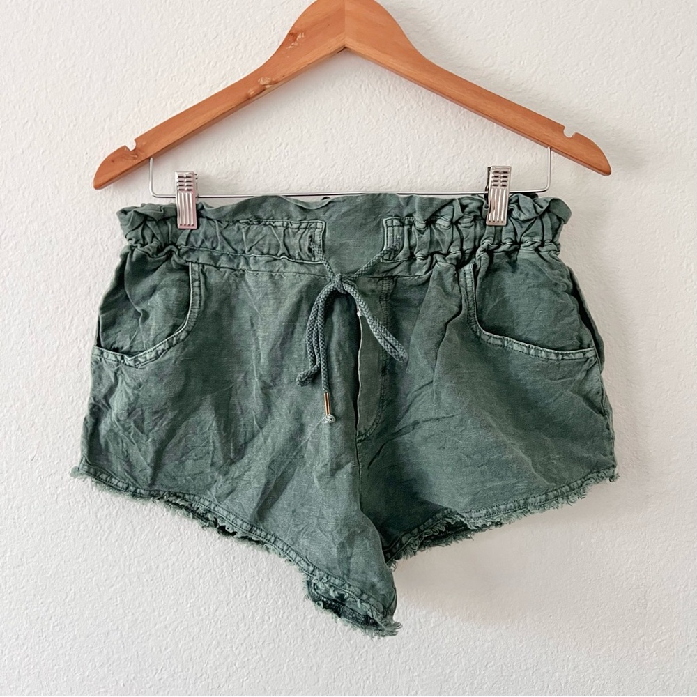 YFB Washed Teal Green Linen Blend Drawstring Paperbag Shorts Sz M